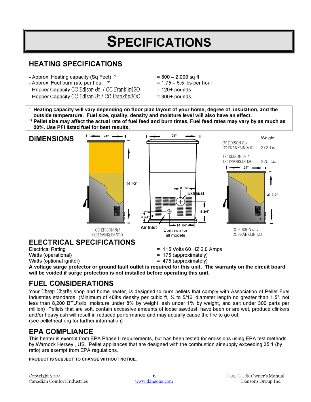 Dansons Group HCF300, HCF120, HCS, HCJ manual Specifications 