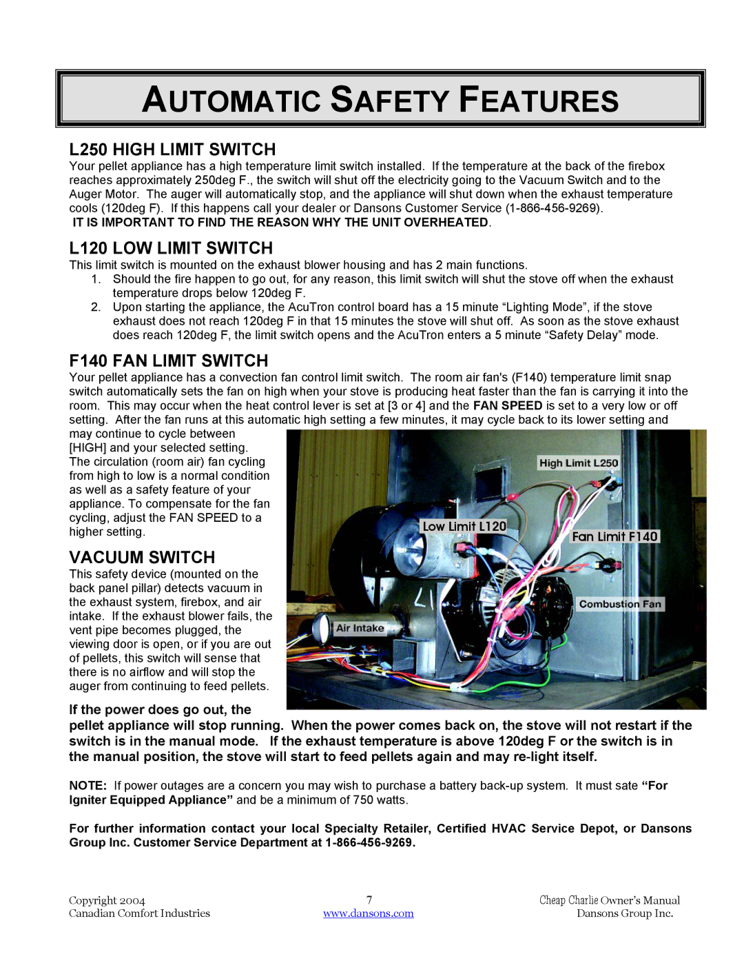 Dansons Group HCJ, HCF120 Automatic Safety Features, L250 High Limit Switch, L120 LOW Limit Switch, F140 FAN Limit Switch 