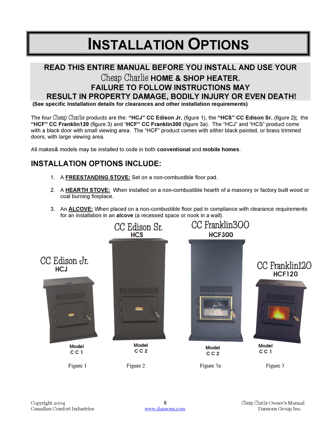 Dansons Group HCF120, HCS, HCF300, HCJ manual Installation Options, Read this Entire Manual Before YOU Install and USE Your 