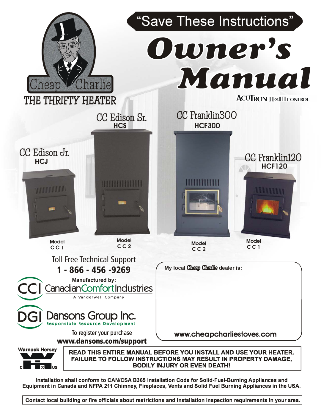 Dansons Group HCJ manual HCSHCF300, To register your purchase, Cheap Charlie, “Save These Instructions”, 1 - 866 - 456 