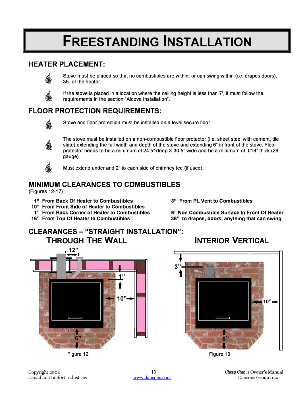 Dansons Group HCS Freestanding Installation, Heater Placement, Floor Protection Requirements, Interior Vertical, 6” 6” 