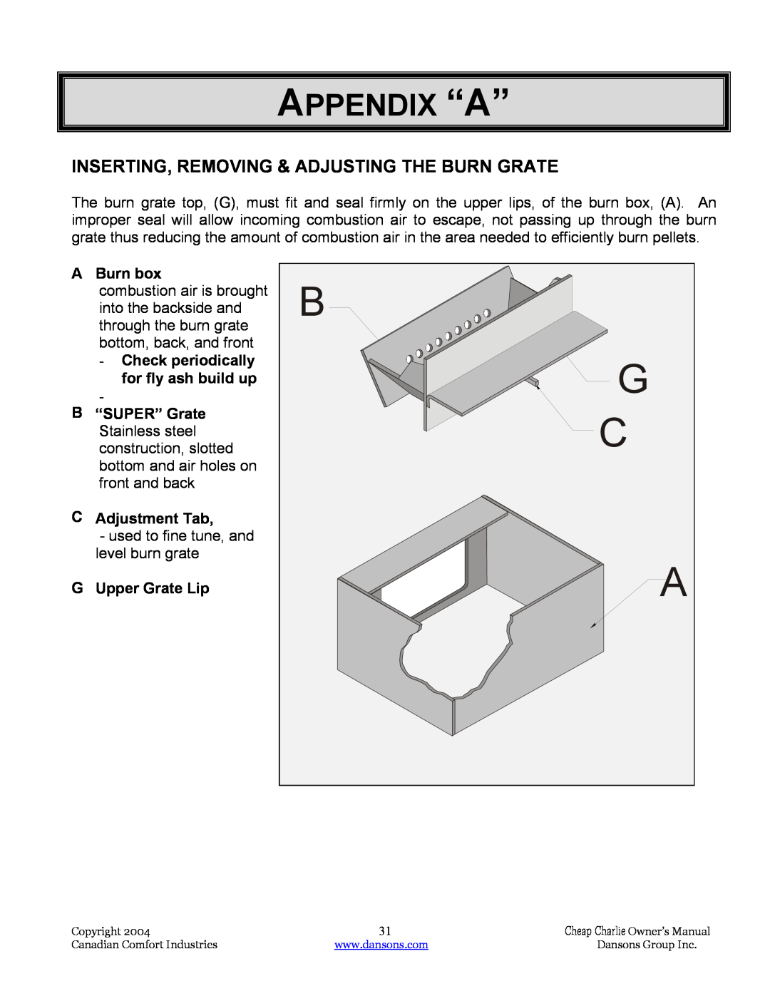 Dansons Group HCJ, HCF120, HCS Appendix “A”, Inserting, Removing & Adjusting The Burn Grate, A Burn box, CAdjustment Tab 