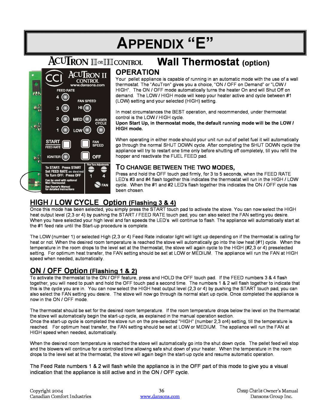 Dansons Group HCF120, HCS, HCF300, HCJ Appendix “E”, Wall Thermostat option, Operation, HIGH / LOW CYCLE Option Flashing 
