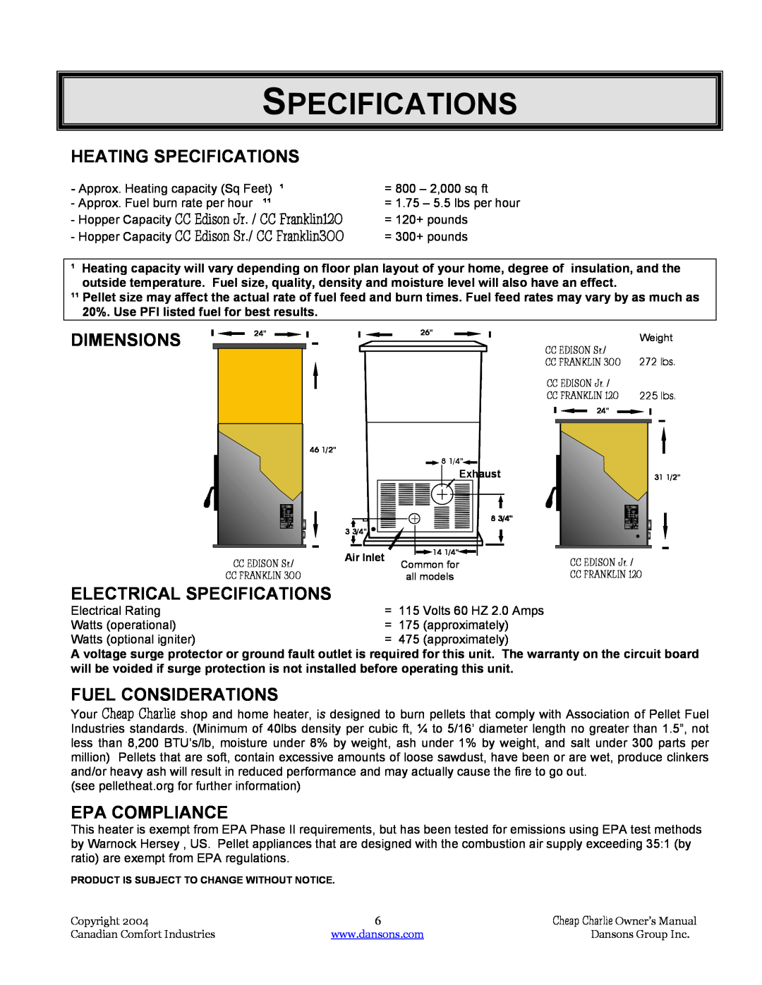 Dansons Group HCF300, HCF120, HCS Heating Specifications, Dimensions, Electrical Specifications, Fuel Considerations 