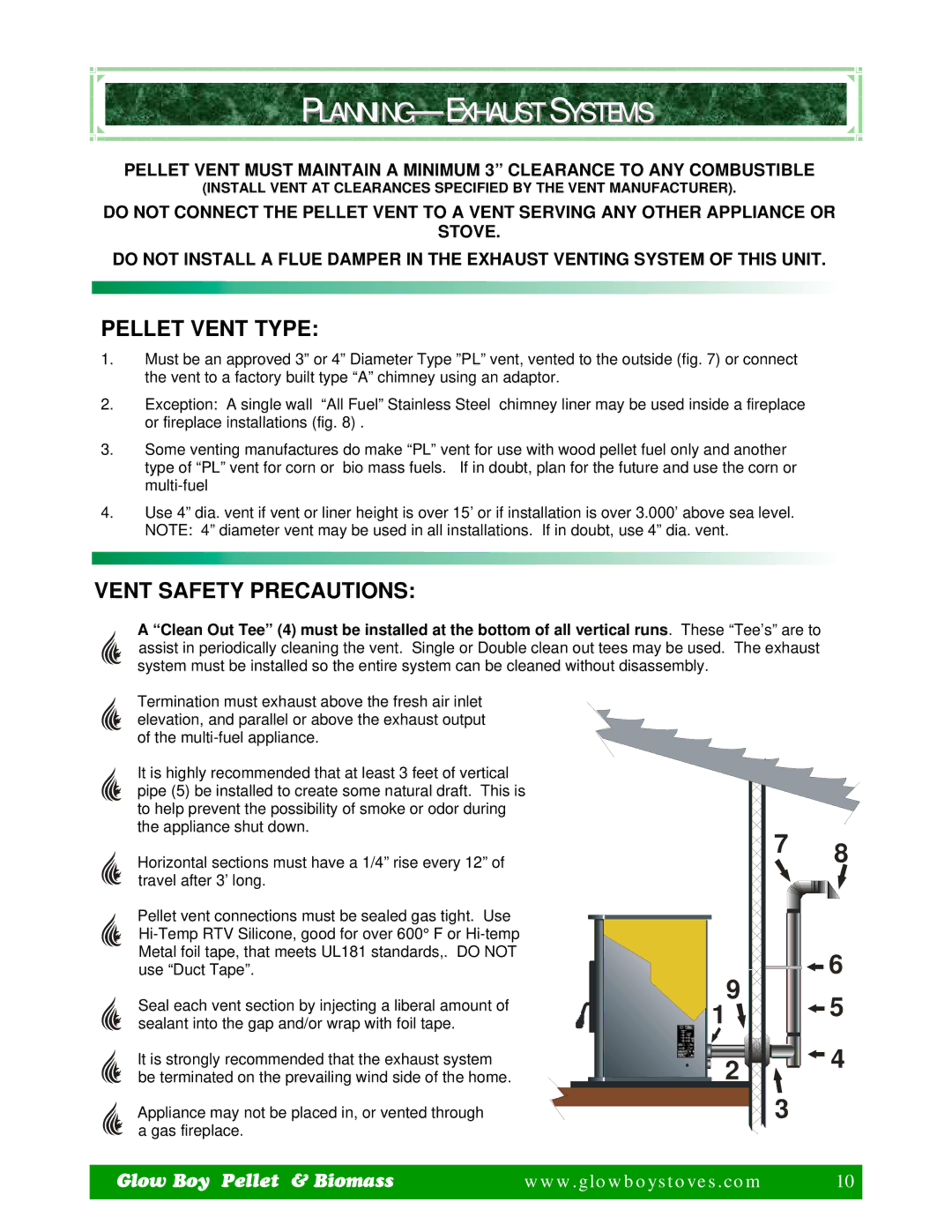 Dansons Group IGB, FGB manual PLANNING-EXHAUST Systems, Pellet Vent Type, Vent Safety Precautions 