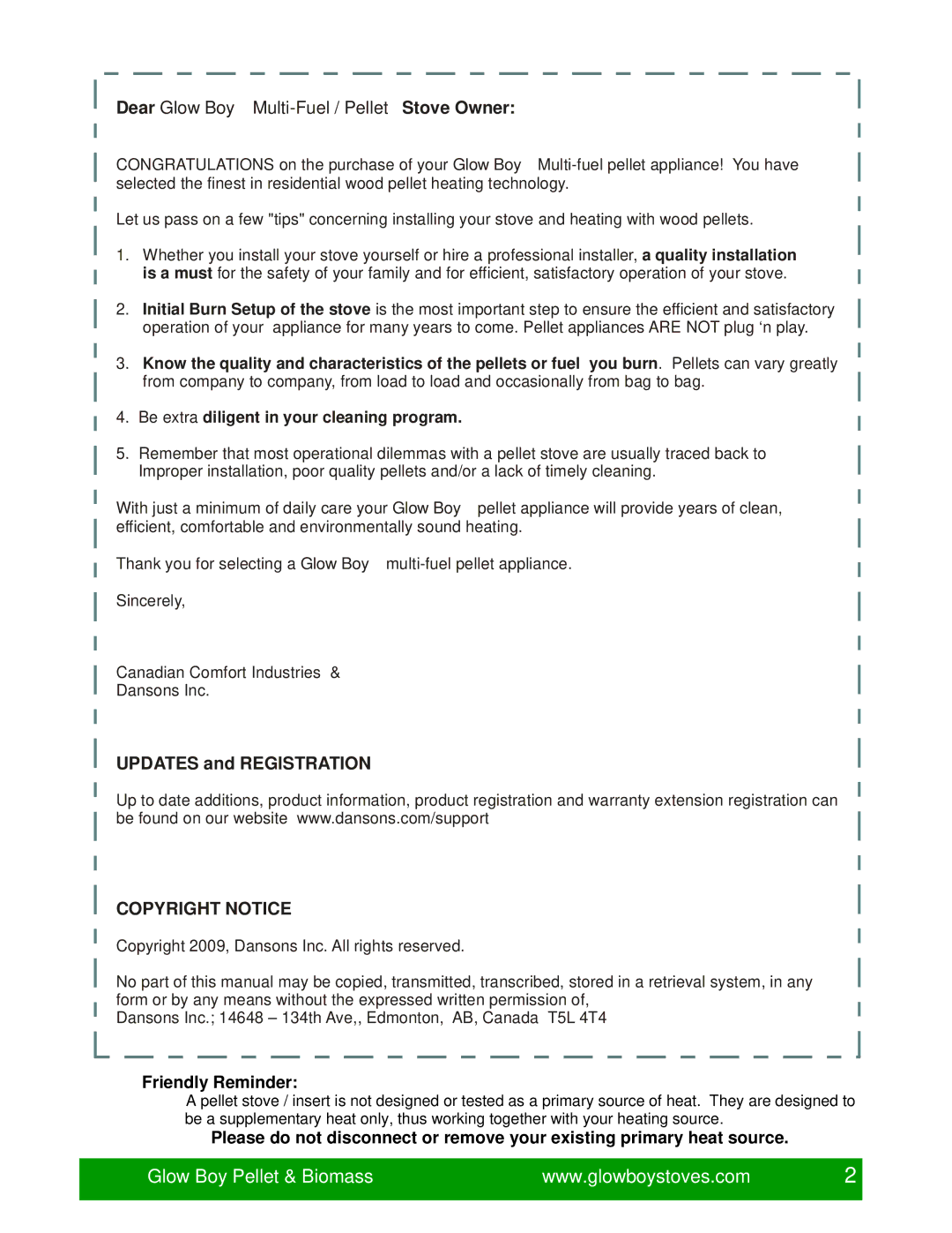 Dansons Group IGB, FGB manual Dear Glow Boy Multi-Fuel / Pellet Stove Owner, Friendly Reminder 