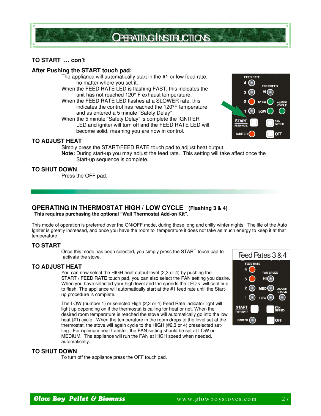 Dansons Group FGB Operating in Thermostat High / LOW Cycle Flashing 3, To Start … con’t After Pushing the Start touch pad 