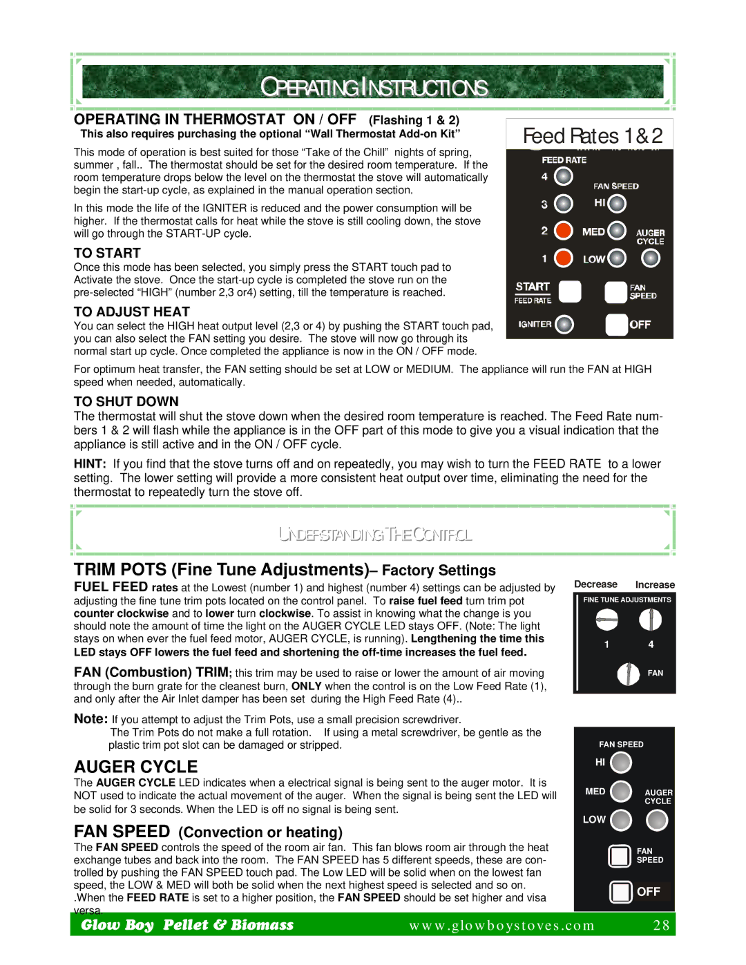 Dansons Group IGB, FGB manual Trim Pots Fine Tune Adjustments- Factory Settings, Auger Cycle 