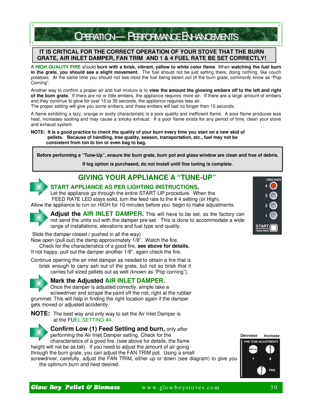 Dansons Group IGB, FGB manual OPERATION- Performance Enhancements, Giving Your Appliance a TUNE-UP 