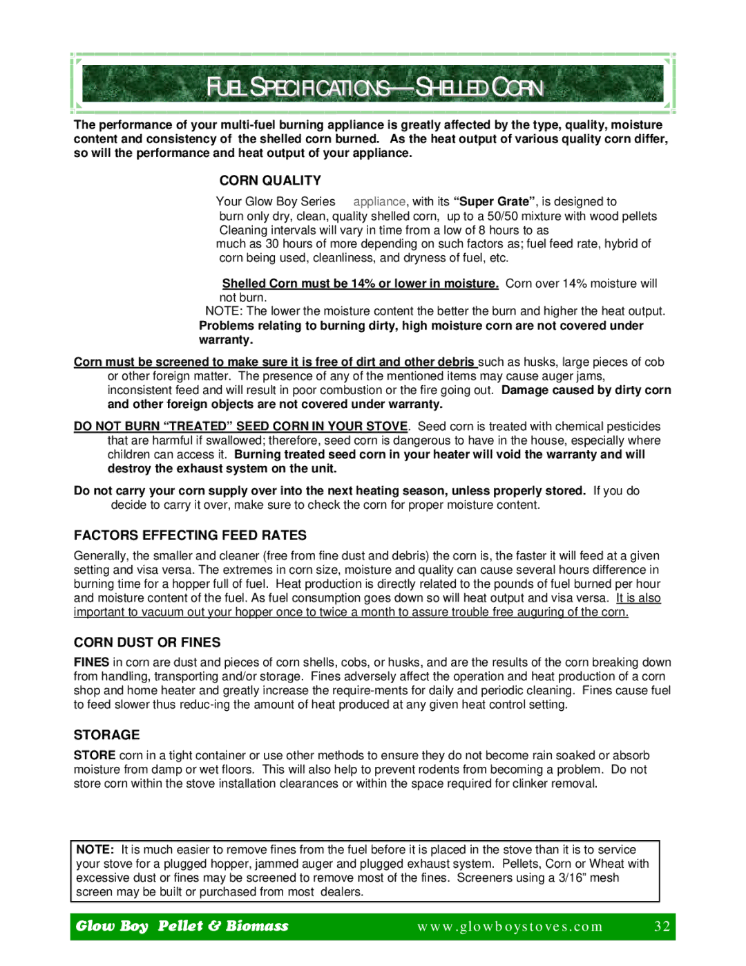 Dansons Group IGB, FGB manual Fuel SPECIFICATIONS-SHELLED Corn, Corn Quality 