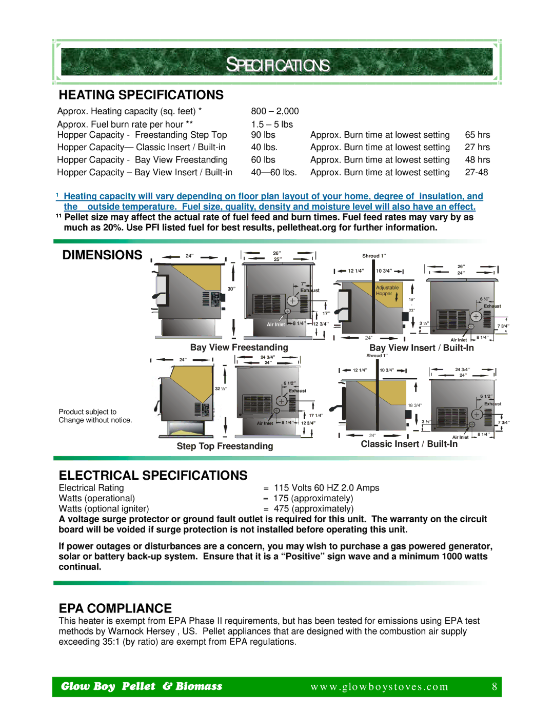 Dansons Group IGB, FGB manual Heating Specifications, Dimensions, Electrical Specifications, EPA Compliance 