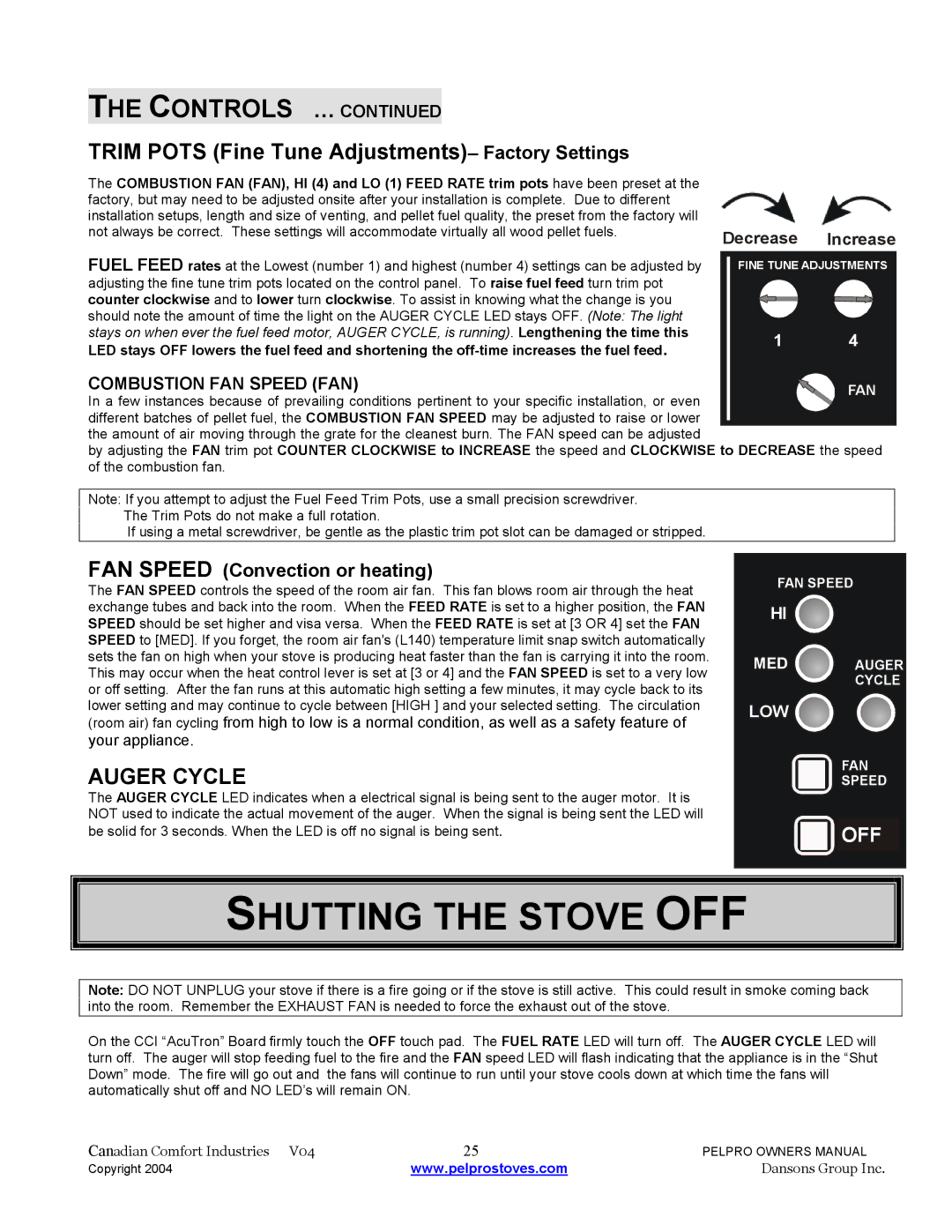 Dansons Group FPP, IPP Shutting the Stove OFF, Controls …, Trim Pots Fine Tune Adjustments- Factory Settings, Auger Cycle 