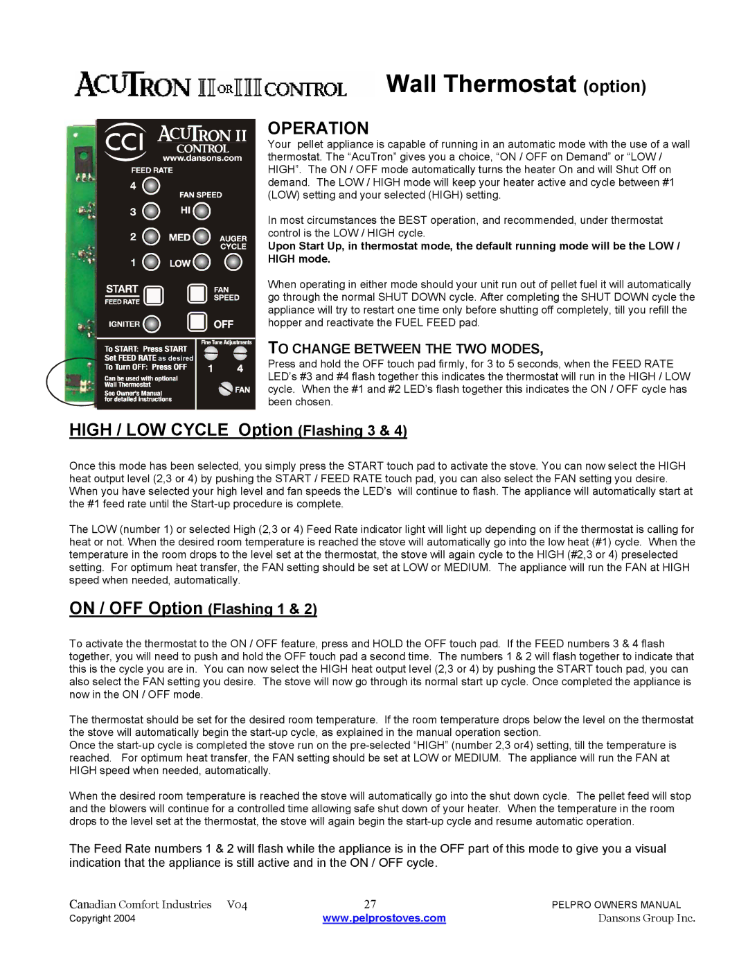 Dansons Group IPP Bay View Insert / Built-In Operation, High / LOW Cycle Option Flashing 3, On / OFF Option Flashing 1 