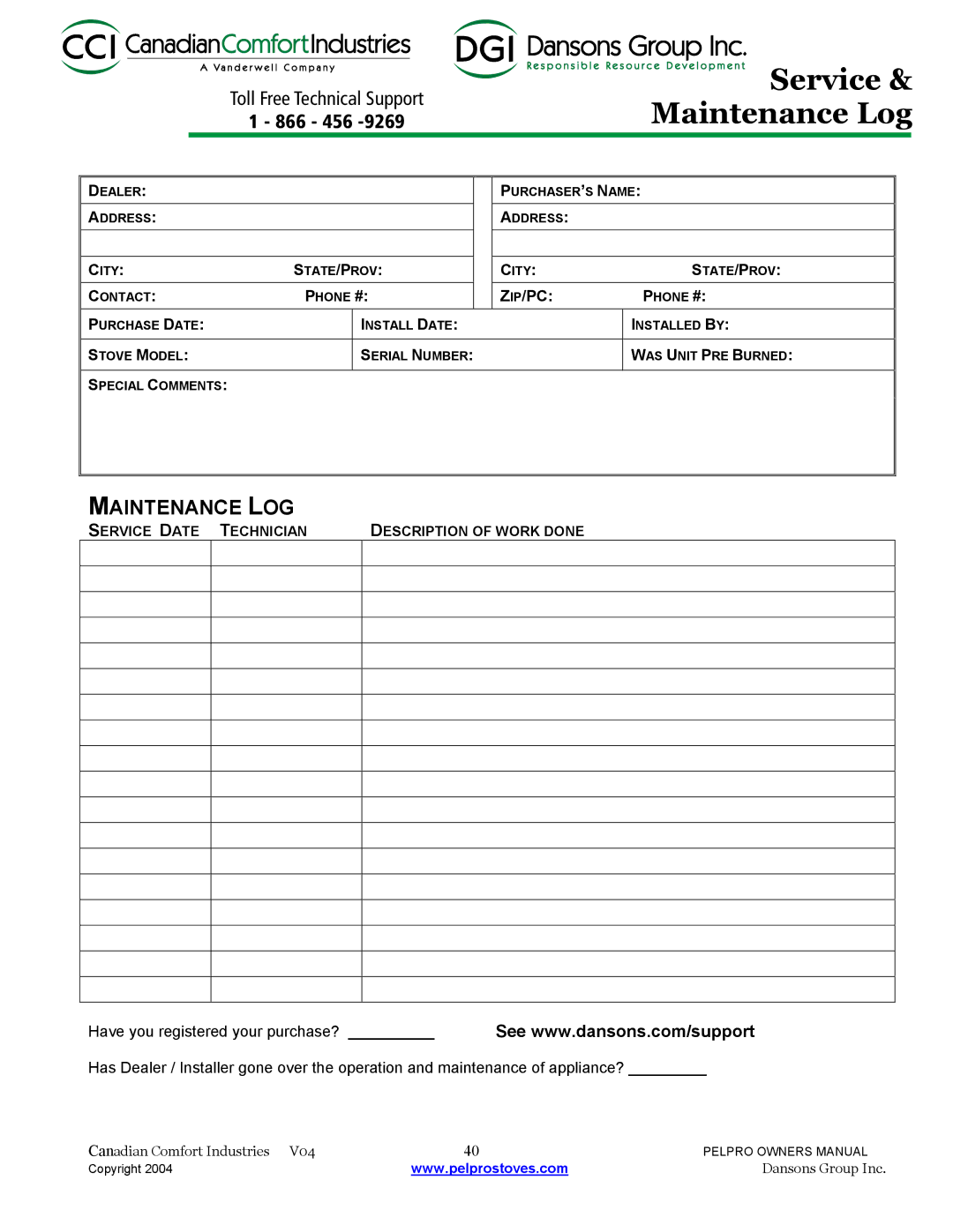 Dansons Group IPP, FPP, FPP, IPP, FPP Freestanding, IPP Bay View Insert / Built-In manual Service & Maintenance Log, Zip/Pc 