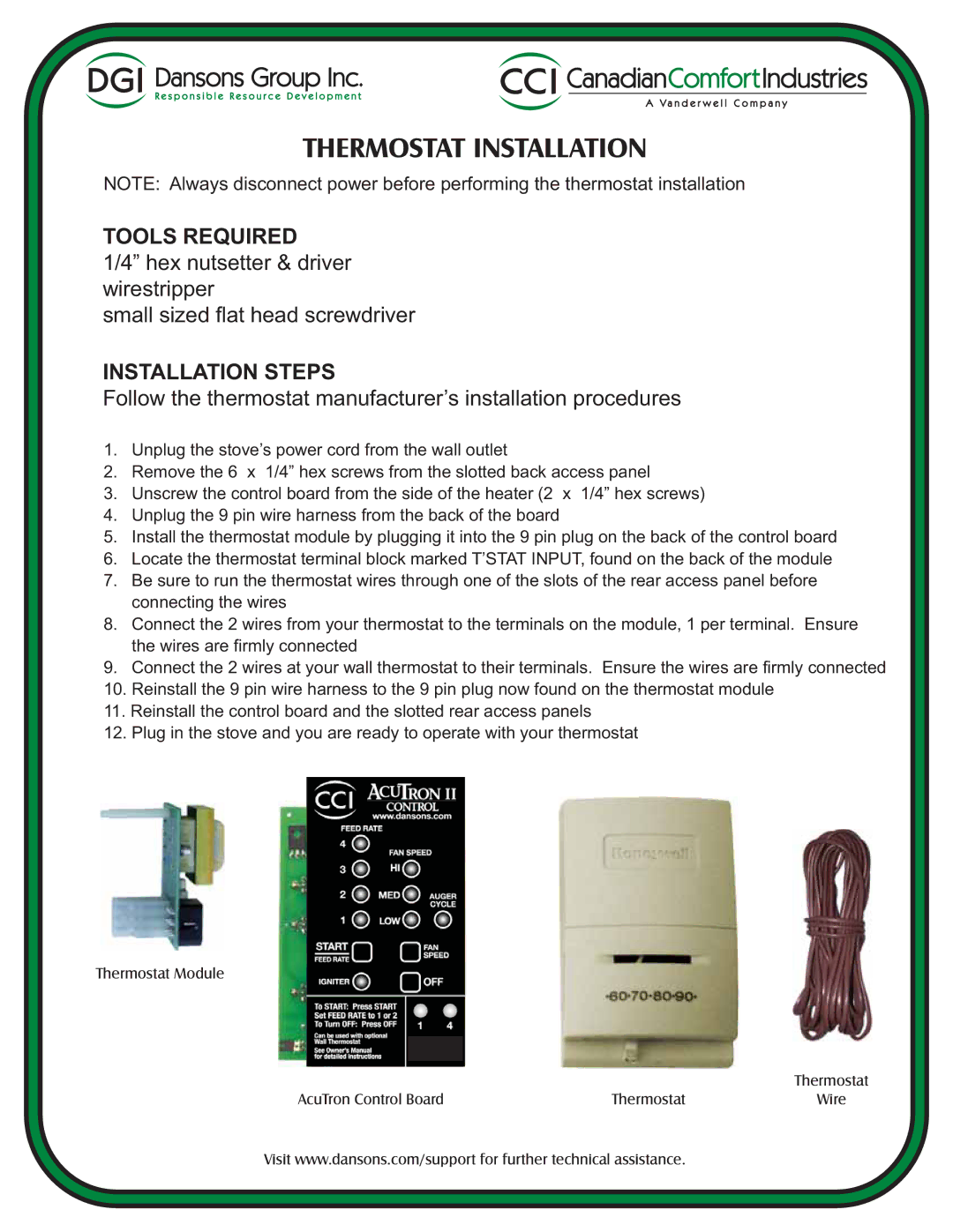 Dansons Group Module, Wire, AcuTron Control Board manual Thermostat Installation, Tools Required, Installation Steps 