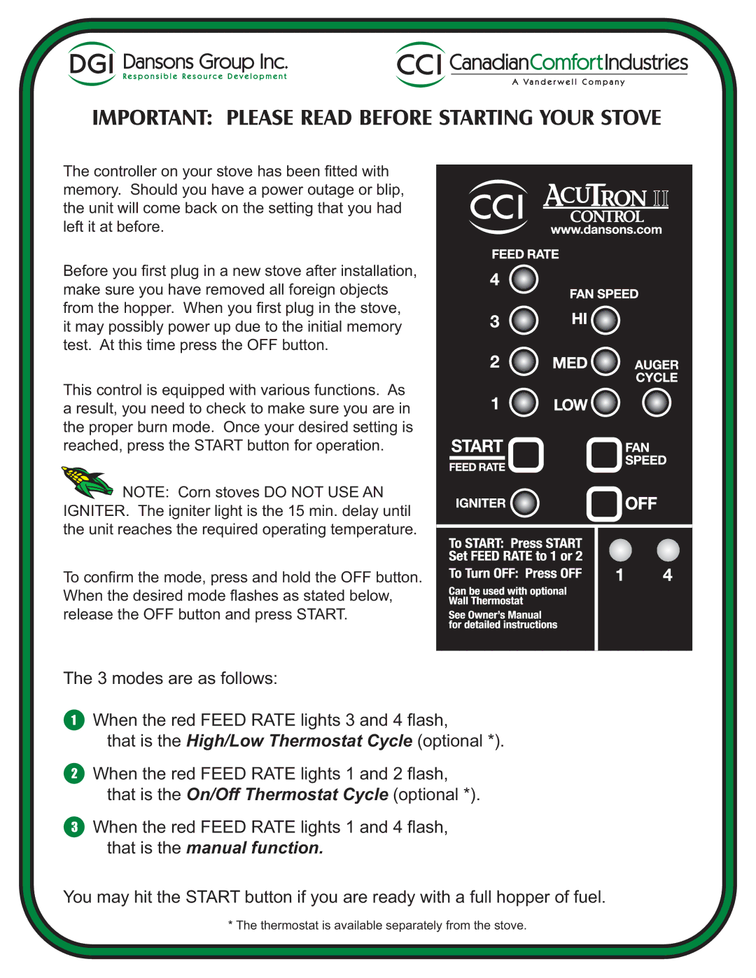 Dansons Group AcuTron Control Board, Wire, Module manual Important Please Read Before Starting Your Stove 