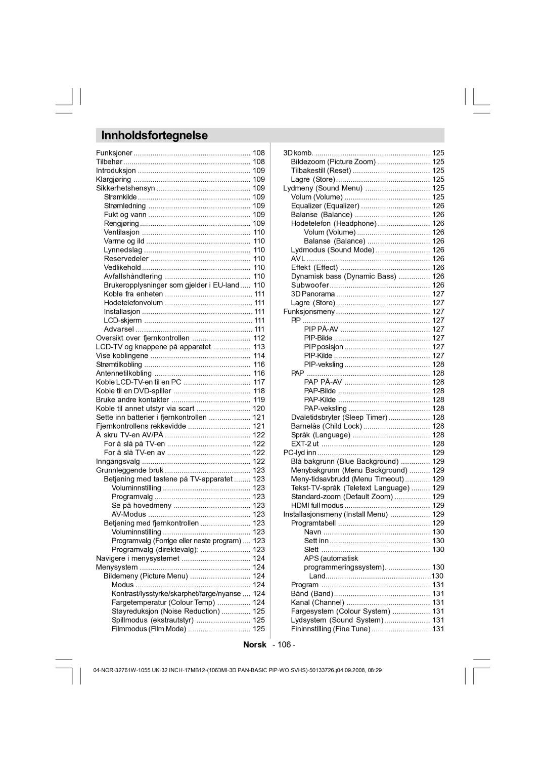 Dantax 32LCD V9 manual Innholdsfortegnelse, Norsk 