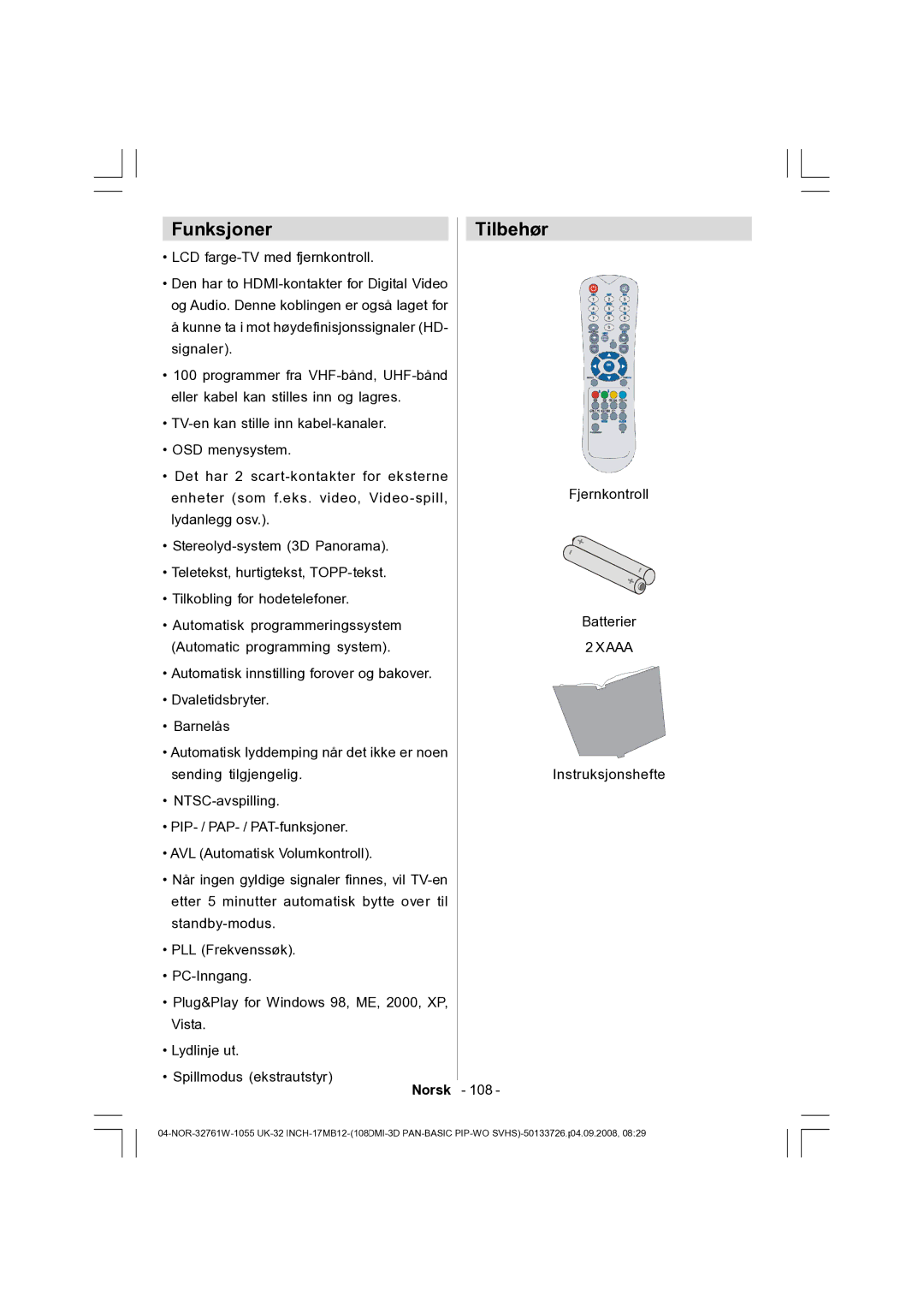 Dantax 32LCD V9 manual Funksjoner, Tilbehør, LCD farge-TV med fjernkontroll, Norsk 