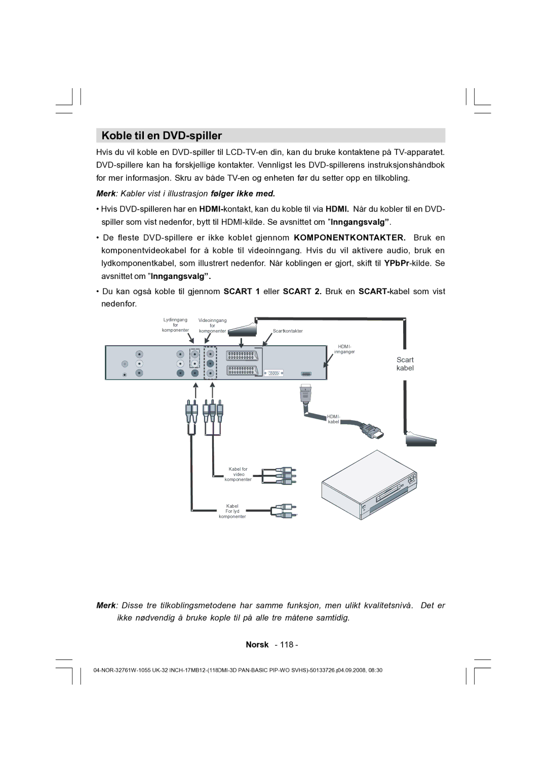 Dantax 32LCD V9 manual Koble til en DVD-spiller, Merk Kabler vist i illustrasjon følger ikke med 