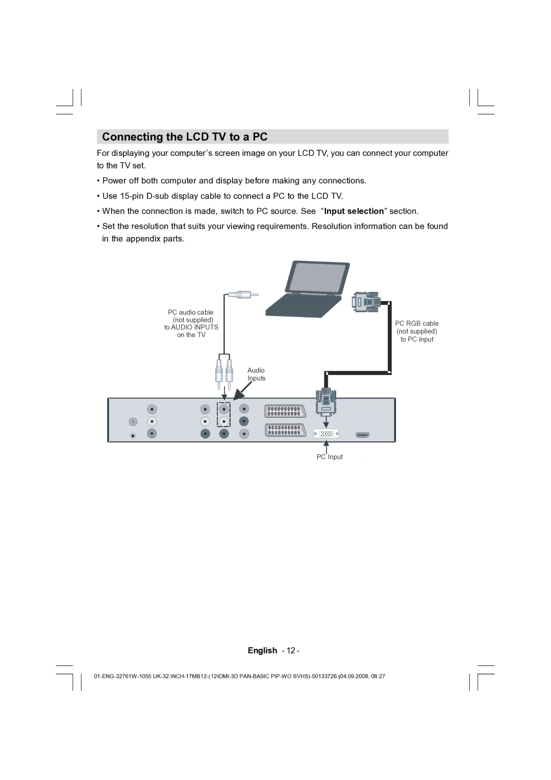 Dantax 32LCD V9 manual Connecting the LCD TV to a PC 