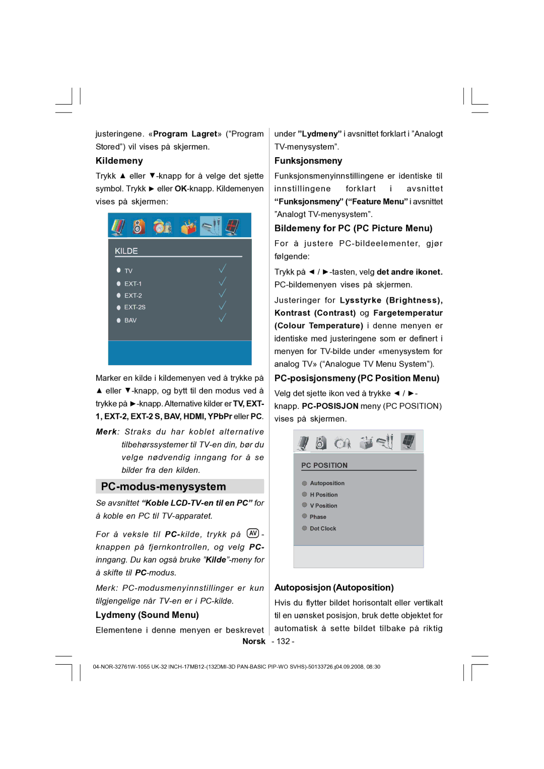 Dantax 32LCD V9 manual PC-modus-menysystem, Kildemeny, Bildemeny for PC PC Picture Menu, PC-posisjonsmeny PC Position Menu 