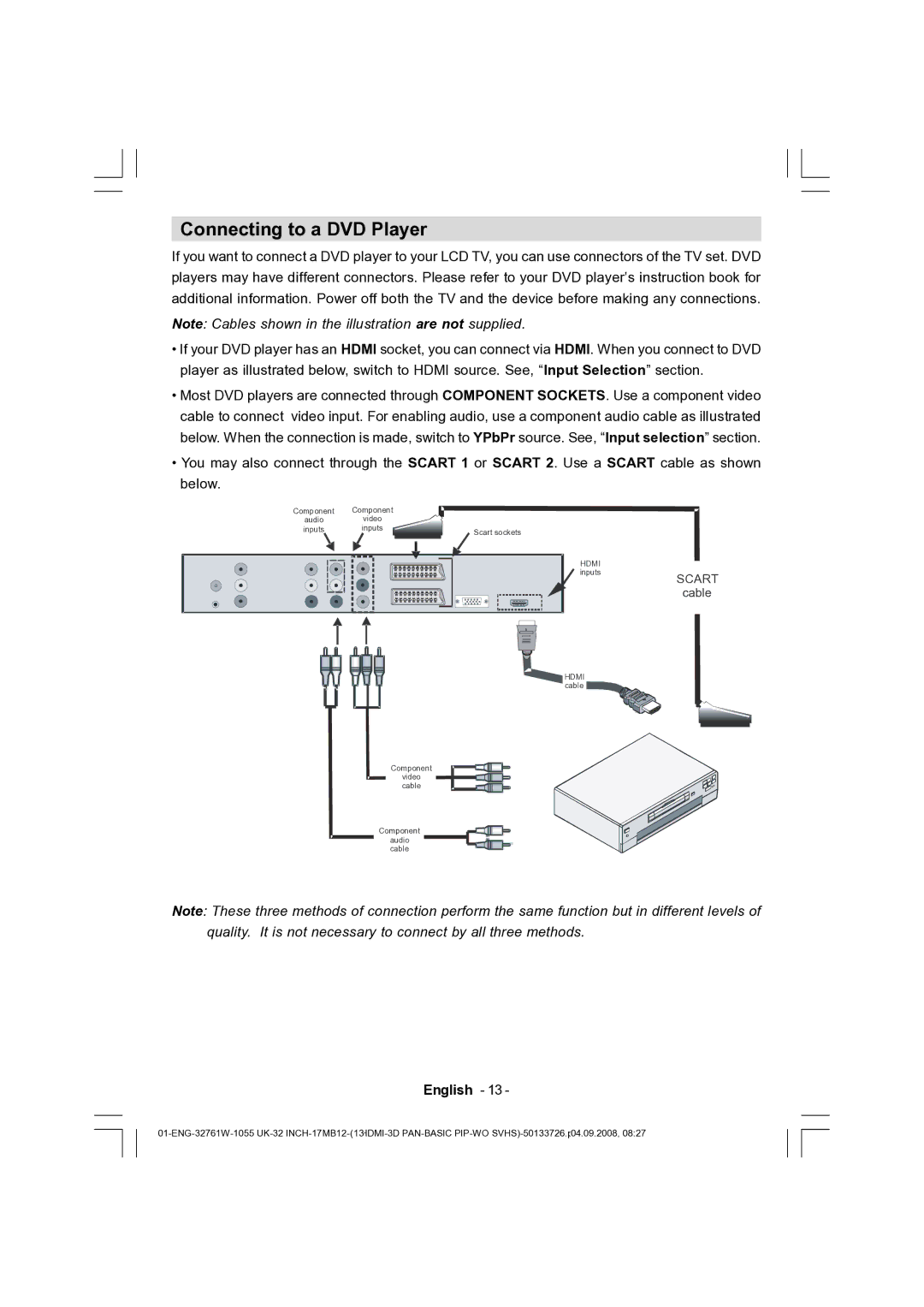 Dantax 32LCD V9 manual Connecting to a DVD Player 