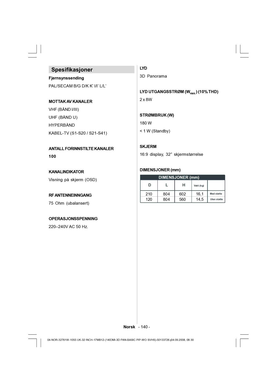 Dantax 32LCD V9 manual Spesifikasjoner 