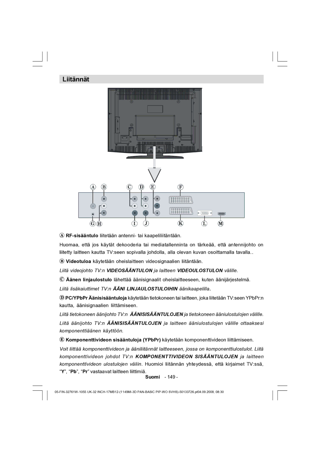 Dantax 32LCD V9 manual Liitännät, Pb, Pr vastaavat laitteen liittimiä Suomi 