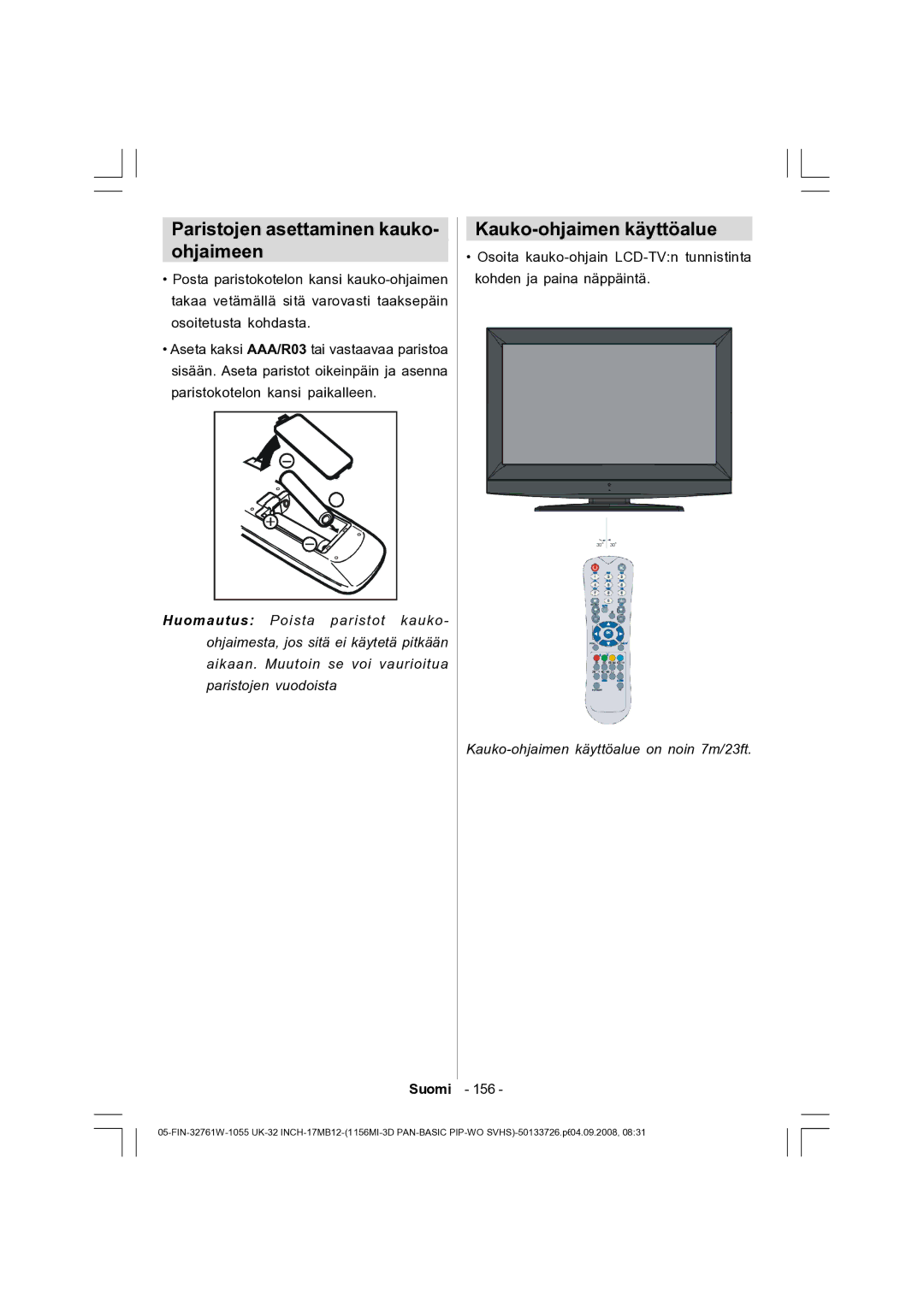 Dantax 32LCD V9 manual Paristojen asettaminen kauko- ohjaimeen, Kauko-ohjaimen käyttöalue, 156 