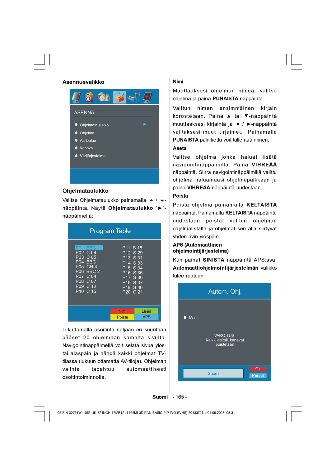 Dantax 32LCD V9 manual Asennusvalikko, Ohjelmataulukko 