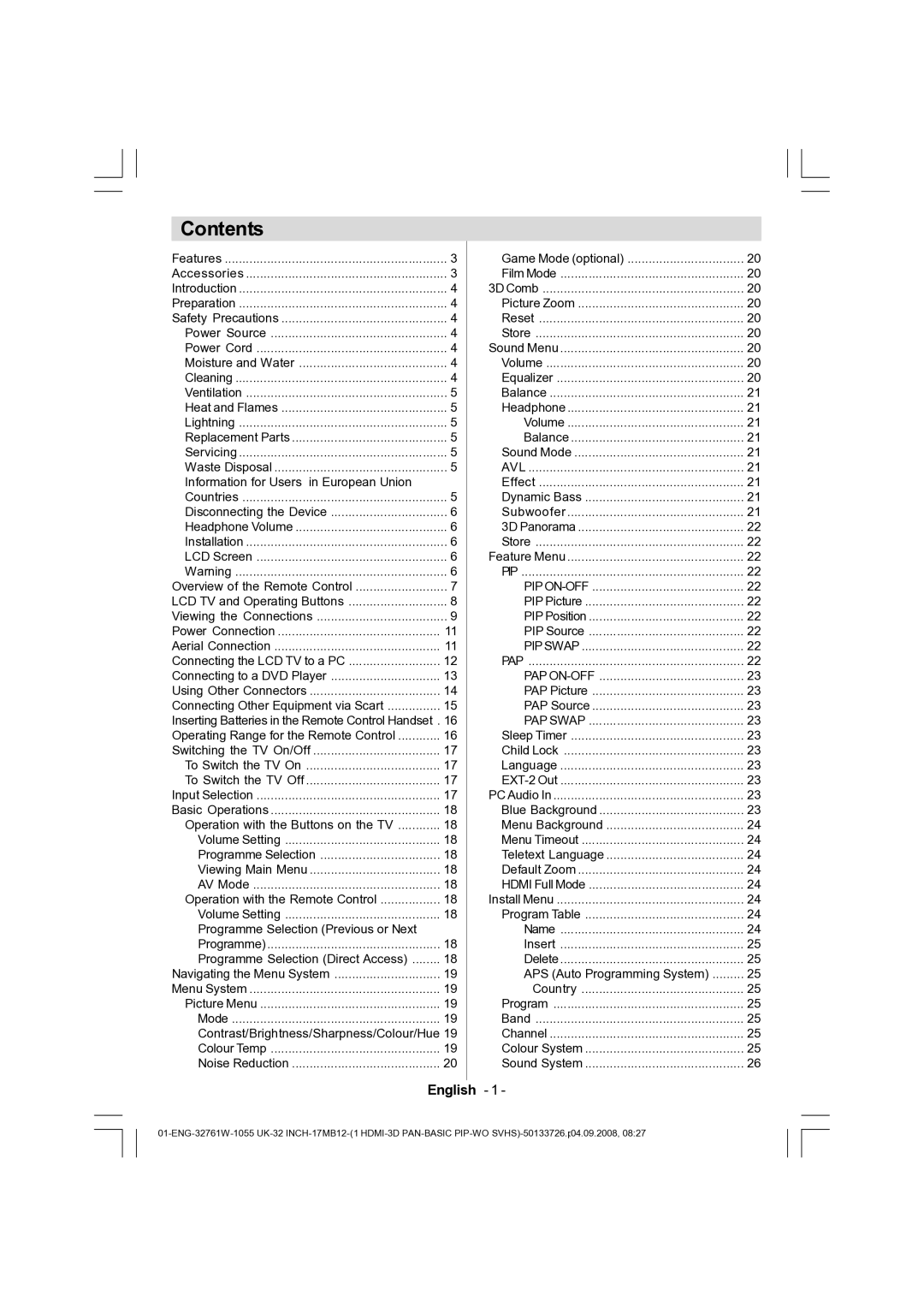 Dantax 32LCD V9 manual Contents 