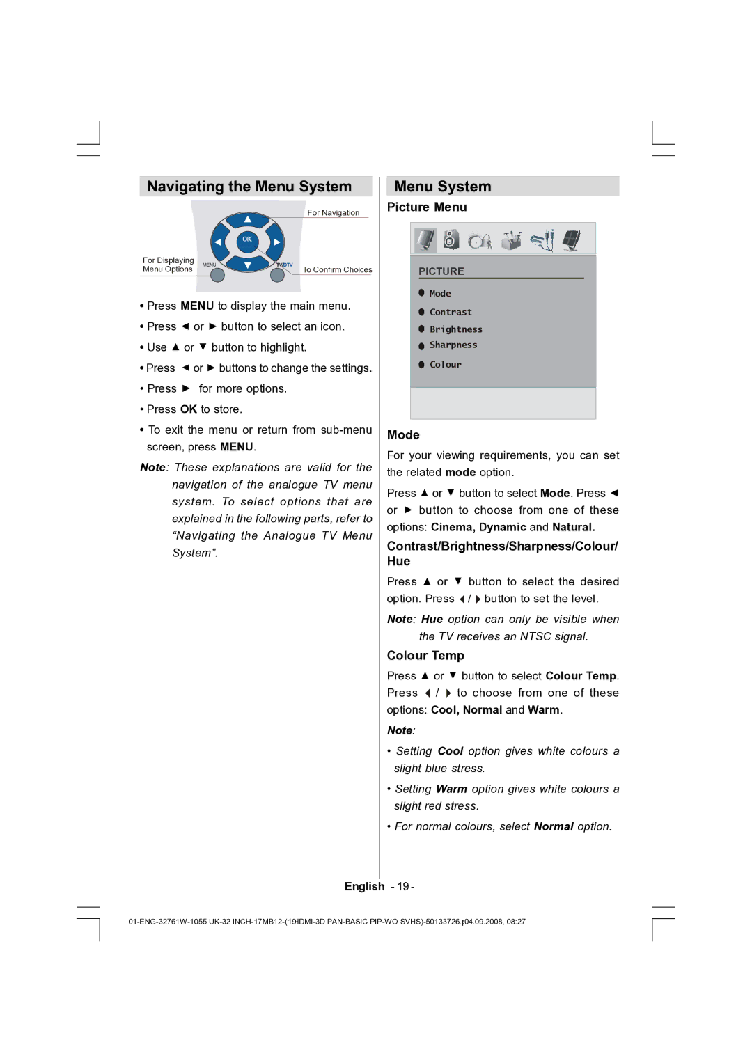 Dantax 32LCD V9 manual Navigating the Menu System 