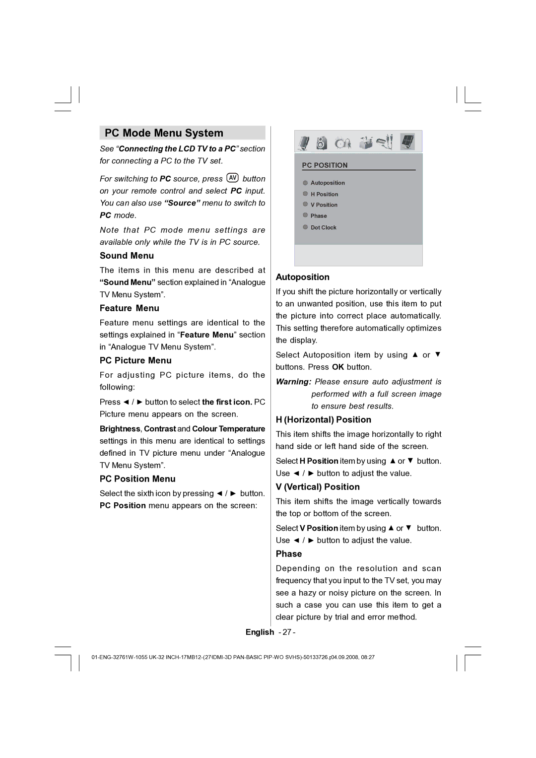 Dantax 32LCD V9 manual PC Mode Menu System 