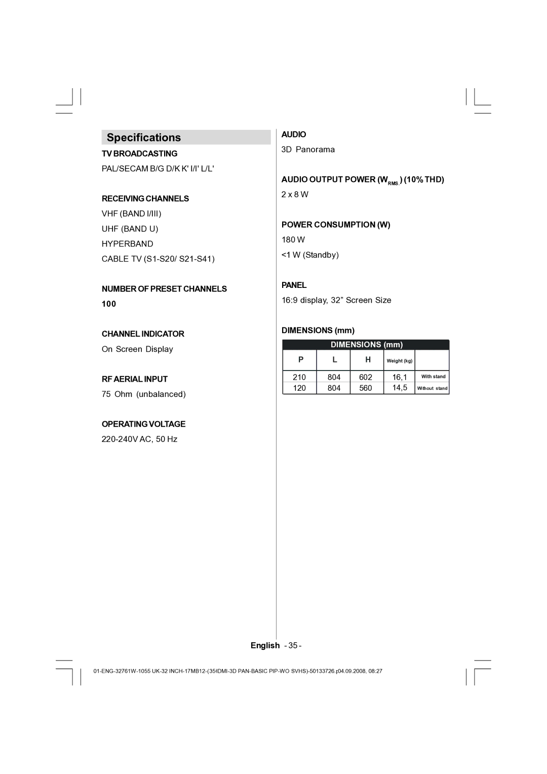 Dantax 32LCD V9 manual Specifications 