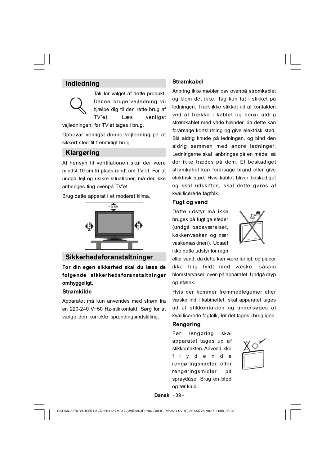 Dantax 32LCD V9 manual Indledning, Klargøring, Sikkerhedsforanstaltninger 