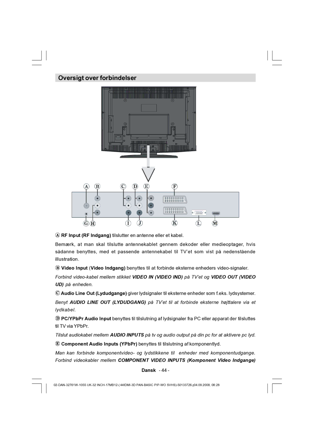 Dantax 32LCD V9 manual Oversigt over forbindelser, Lydkabel 