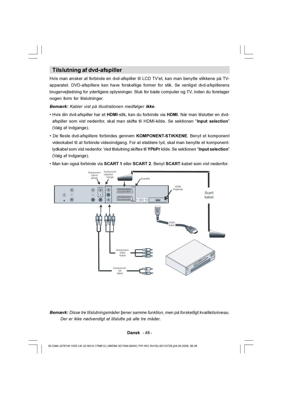 Dantax 32LCD V9 manual Tilslutning af dvd-afspiller, Bemærk Kabler vist på illustrationen medfølger ikke 