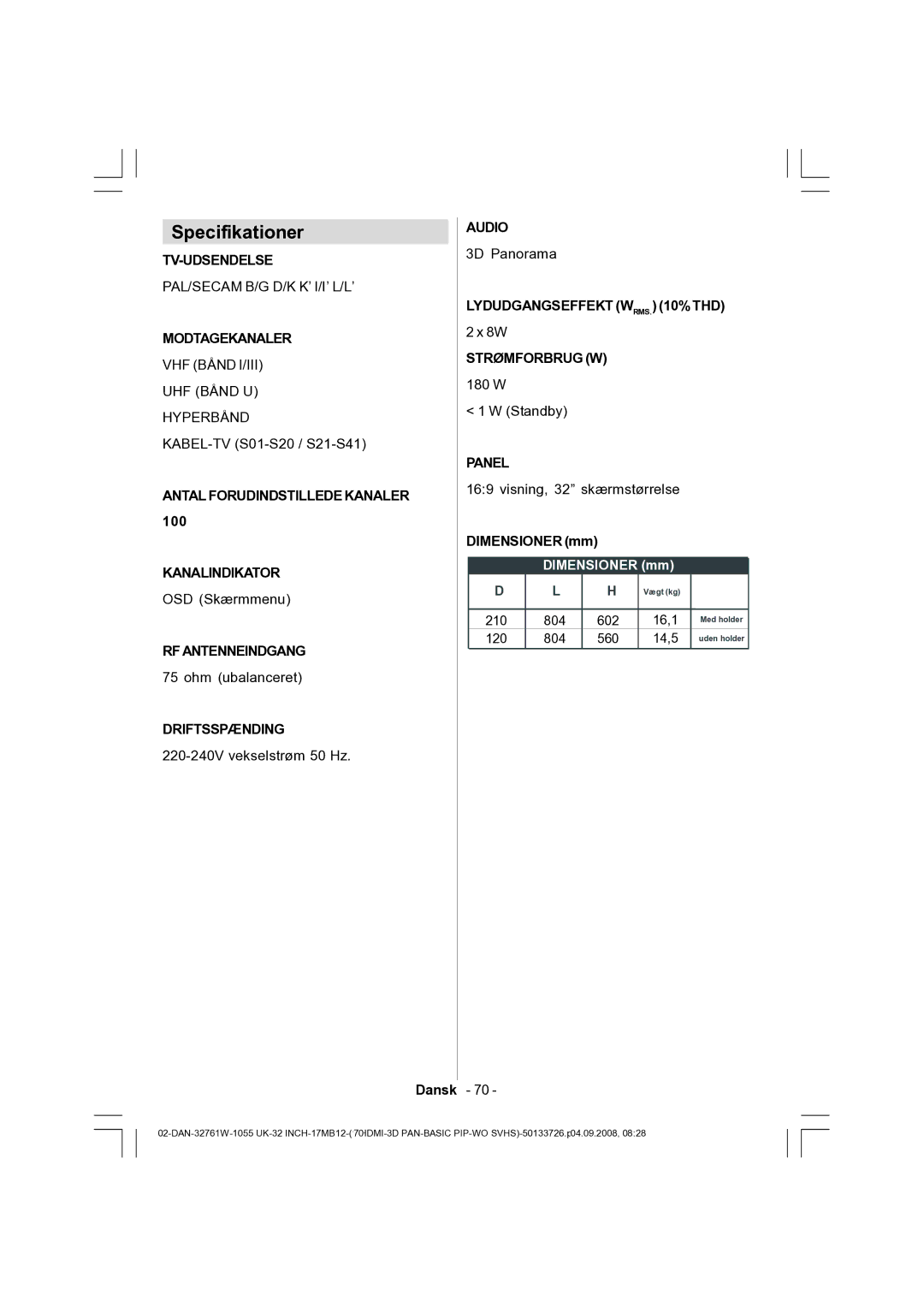 Dantax 32LCD V9 manual Specifikationer 