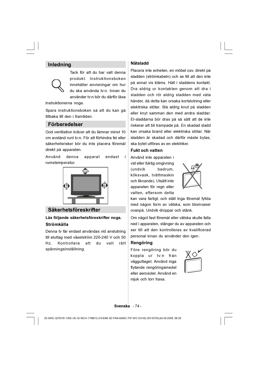 Dantax 32LCD V9 manual Inledning, Förberedelser, Säkerhetsföreskrifter 