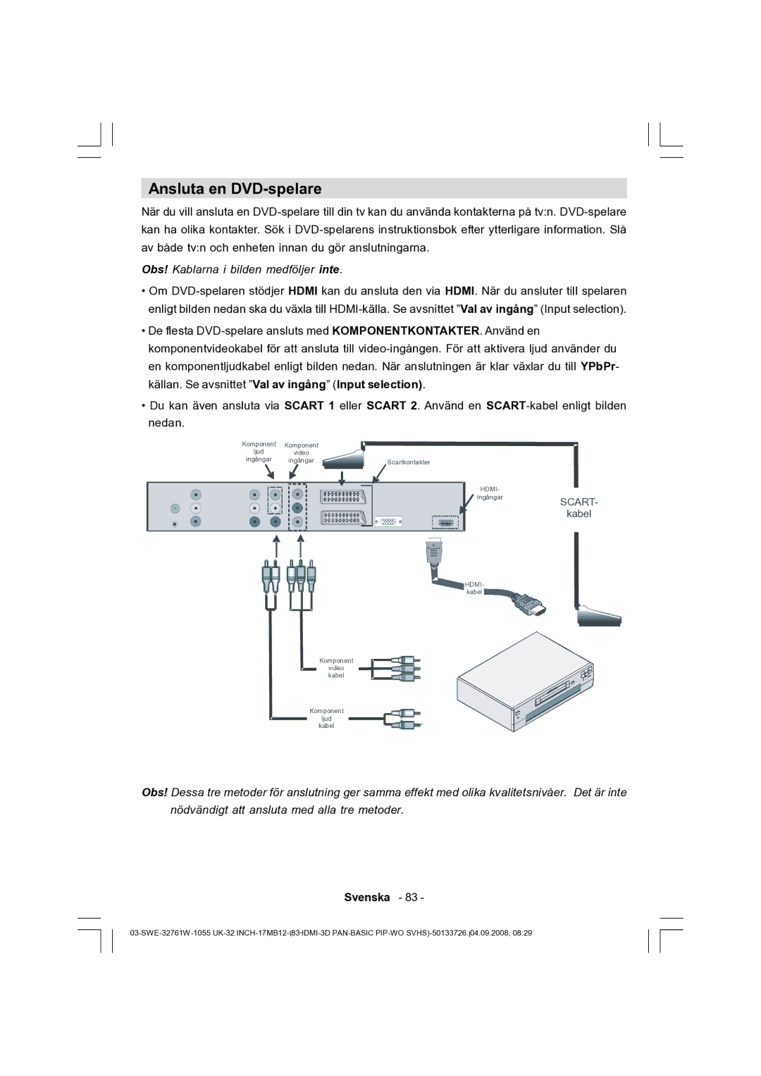 Dantax 32LCD V9 manual Ansluta en DVD-spelare, Obs! Kablarna i bilden medföljer inte 