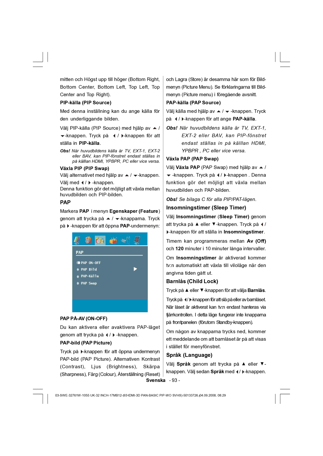 Dantax 32LCD V9 manual Insomningstimer Sleep Timer, Språk Language, Pap På-Av On-Off 