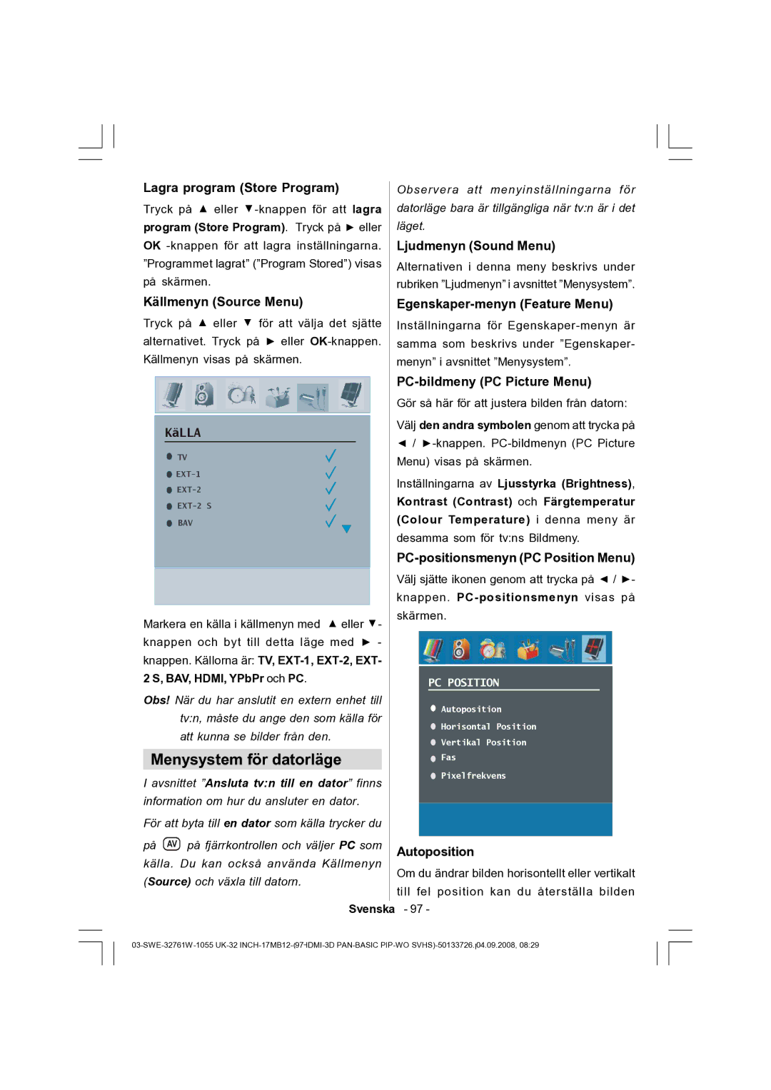 Dantax 32LCD V9 manual Menysystem för datorläge 