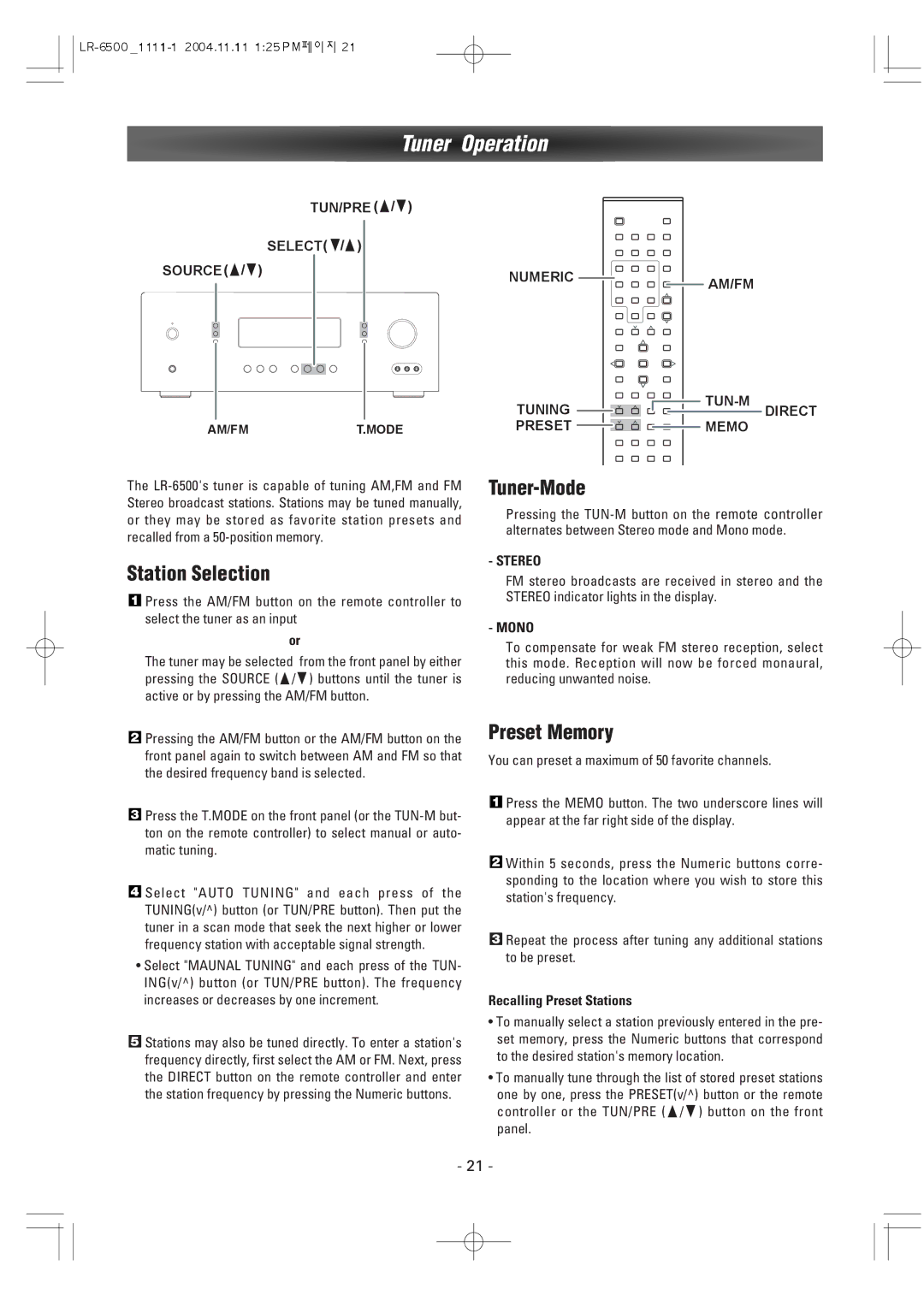 Dantax LR-6500 manual Tuner Operation, Station Selection, Tuner-Mode, Preset Memory 