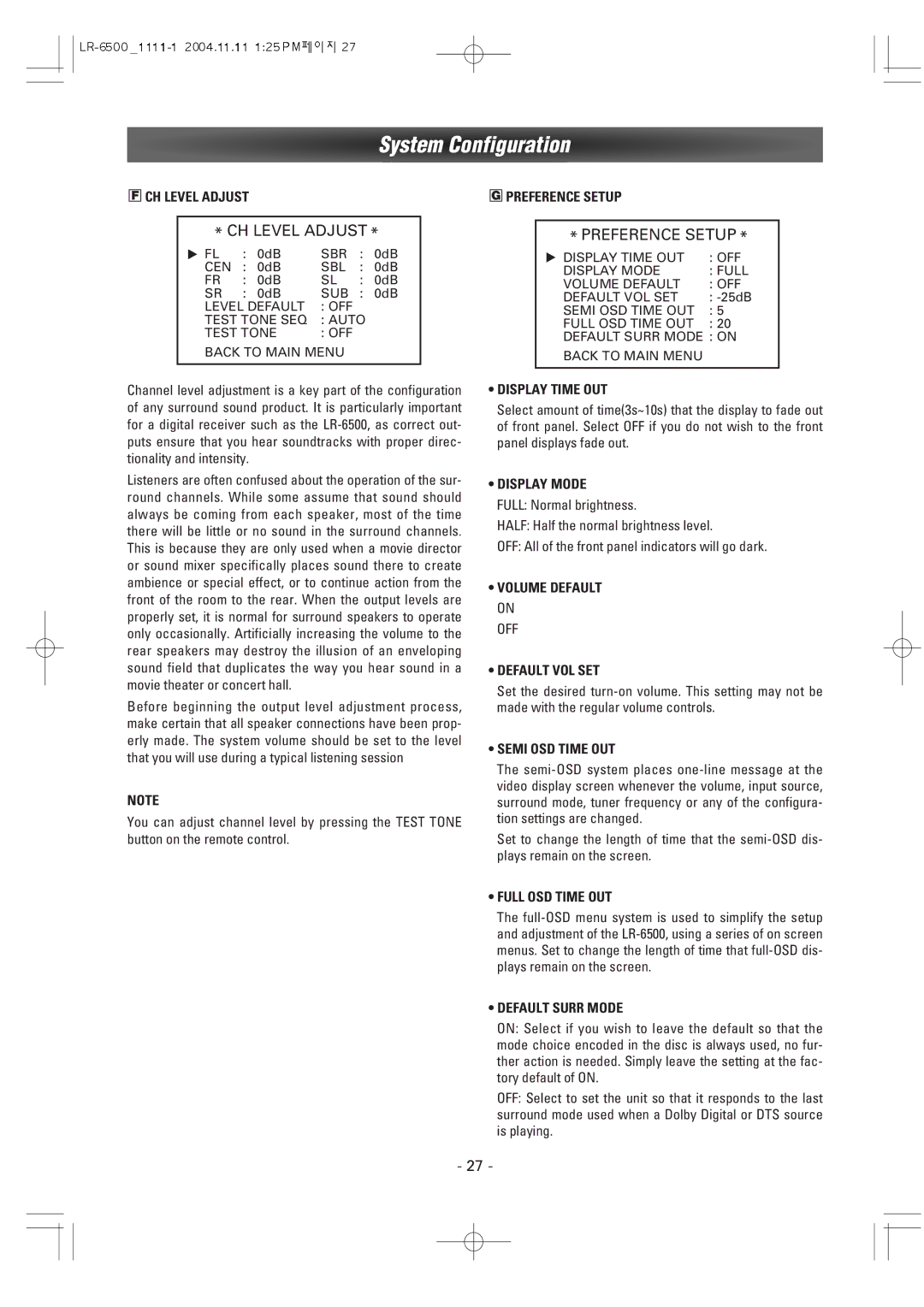 Dantax LR-6500 manual CH Level Adjust, Preference Setup 