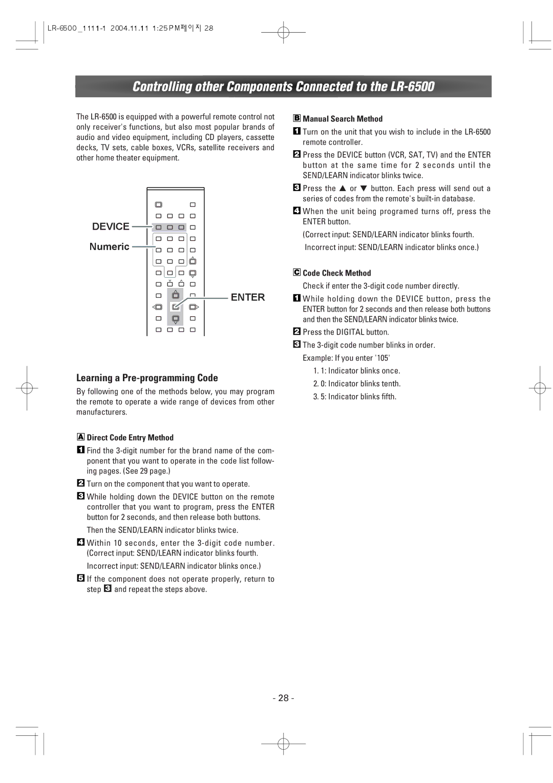 Dantax manual Controlling other Components Connected to the LR-6500, Direct Code Entry Method, Manual Search Method 