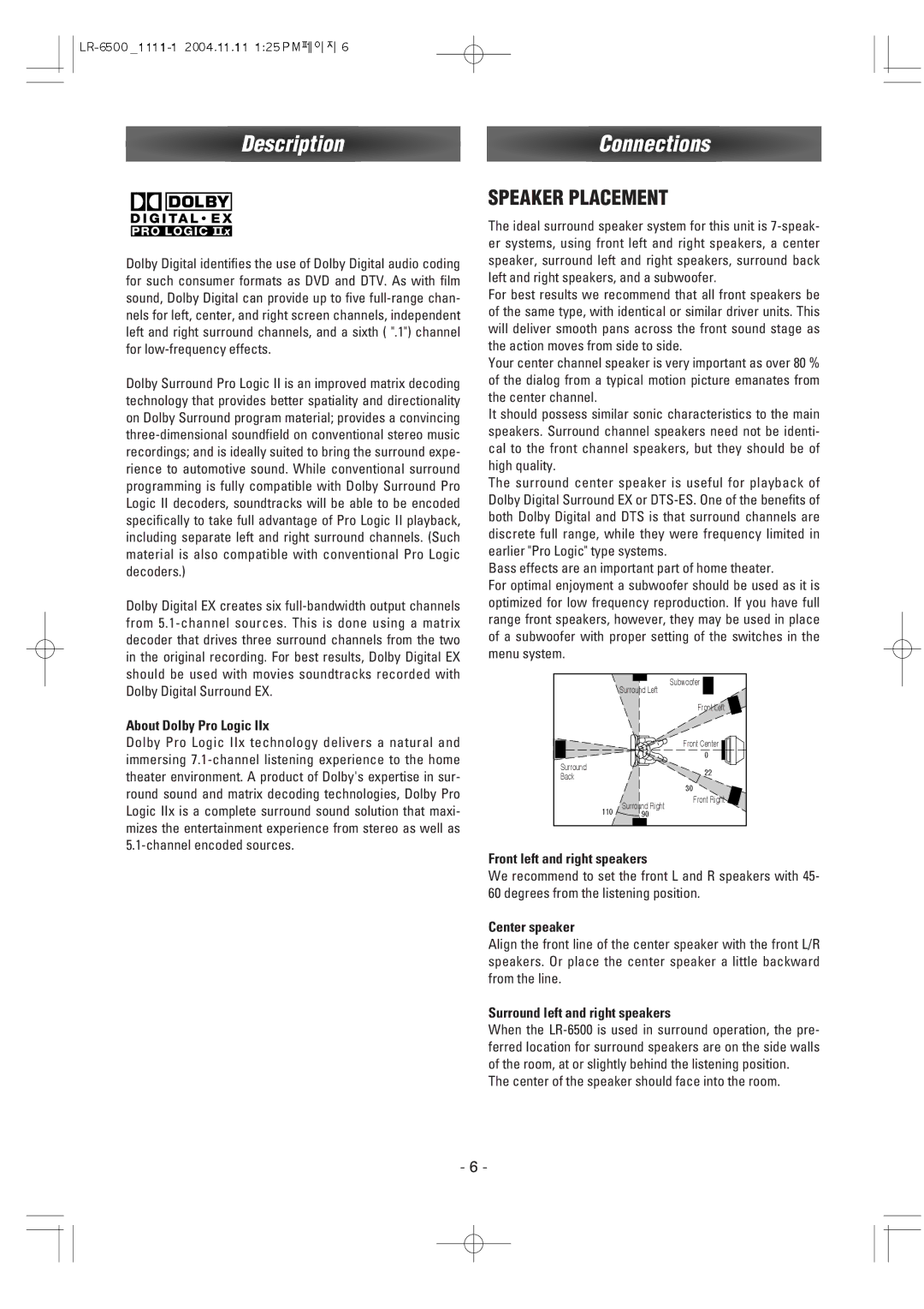 Dantax LR-6500 manual Description Connections, About Dolby Pro Logic, Front left and right speakers, Center speaker 