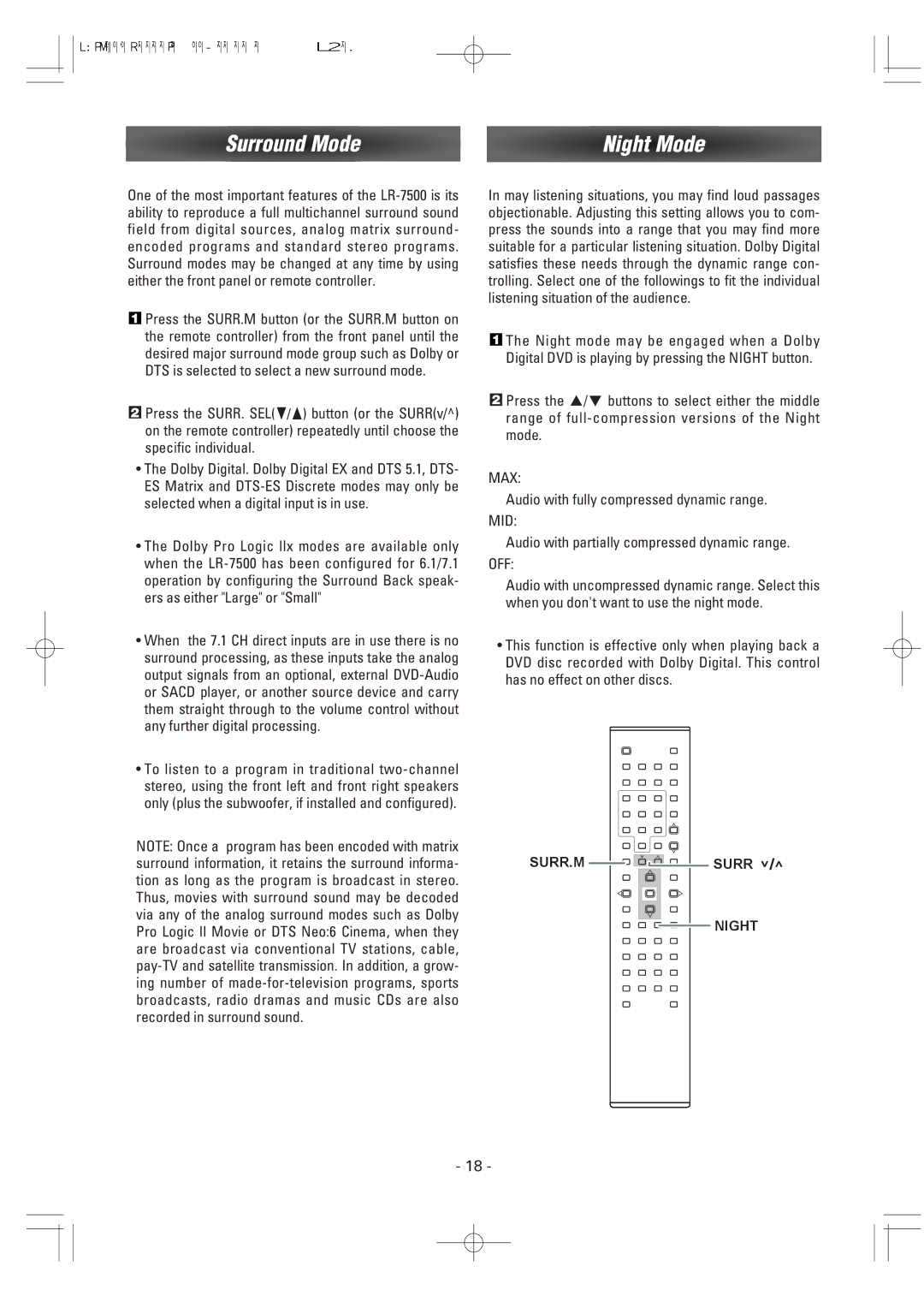 Dantax LR-7500 manual Surround Mode Night Mode, Max, Mid, Off, SURR.M Surr Night 