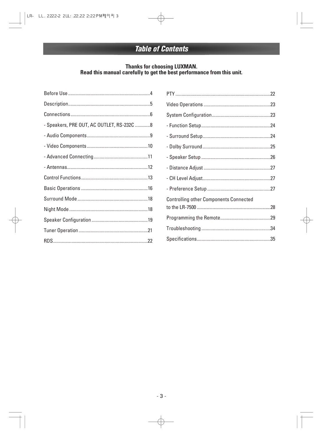 Dantax LR-7500 manual Table of Contents 