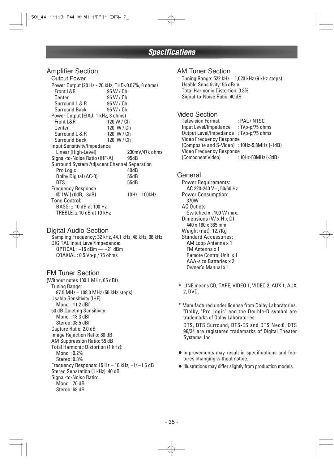 Dantax LR-7500 manual Specifications, Output Power, Dts, PAL / Ntsc 