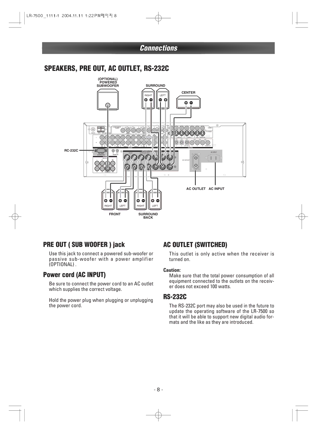 Dantax LR-7500 manual PRE OUT SUB Woofer jack, Power cord AC Input, RS-232C 